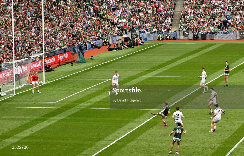 26 July 2026; Dylan Casey of Kerry kicks the opening point of the match during the GAA Football All-Ireland Senior Championship final match between Kerry and Mayo at Croke Park in Dublin. Photo by David Fitzgerald/Sportsfile