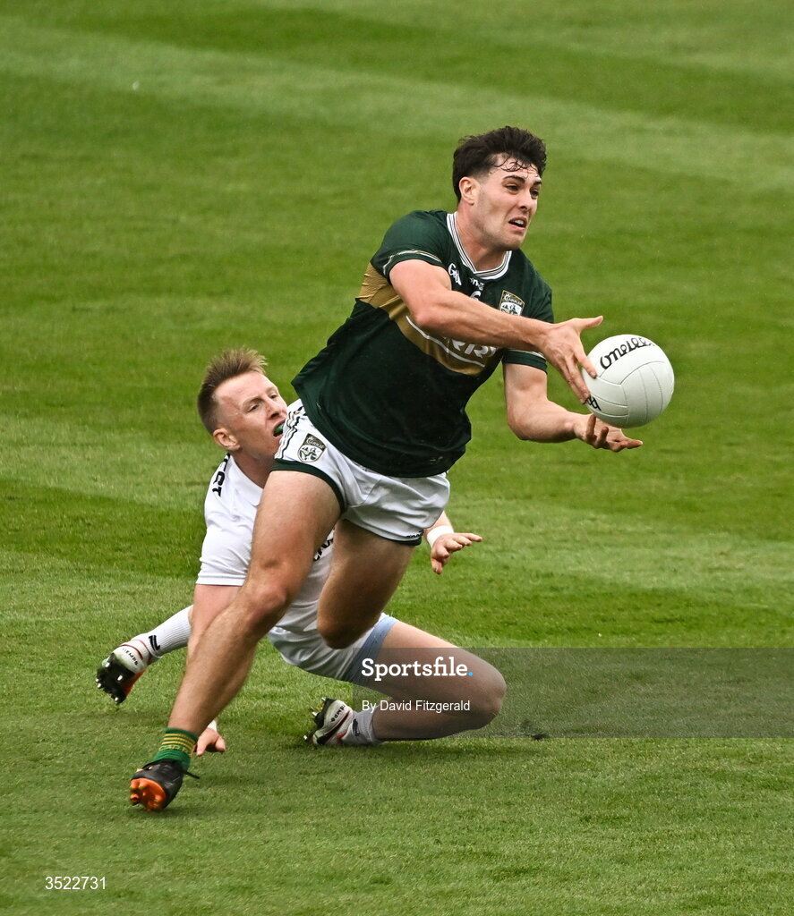 26 July 2026; Mike Breen of Kerry in action against Ryan O'Donoghue of Mayo during the GAA Football All-Ireland Senior Championship final match between Kerry and Mayo at Croke Park in Dublin. Photo by David Fitzgerald/Sportsfile