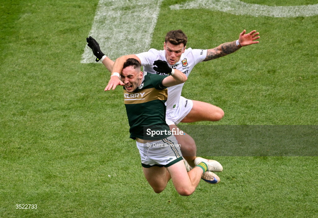 26 July 2026; Paudie Clifford of Kerry in action against Jordan Flynn of Mayo during the GAA Football All-Ireland Senior Championship final match between Kerry and Mayo at Croke Park in Dublin. Photo by Daire Brennan/Sportsfile
