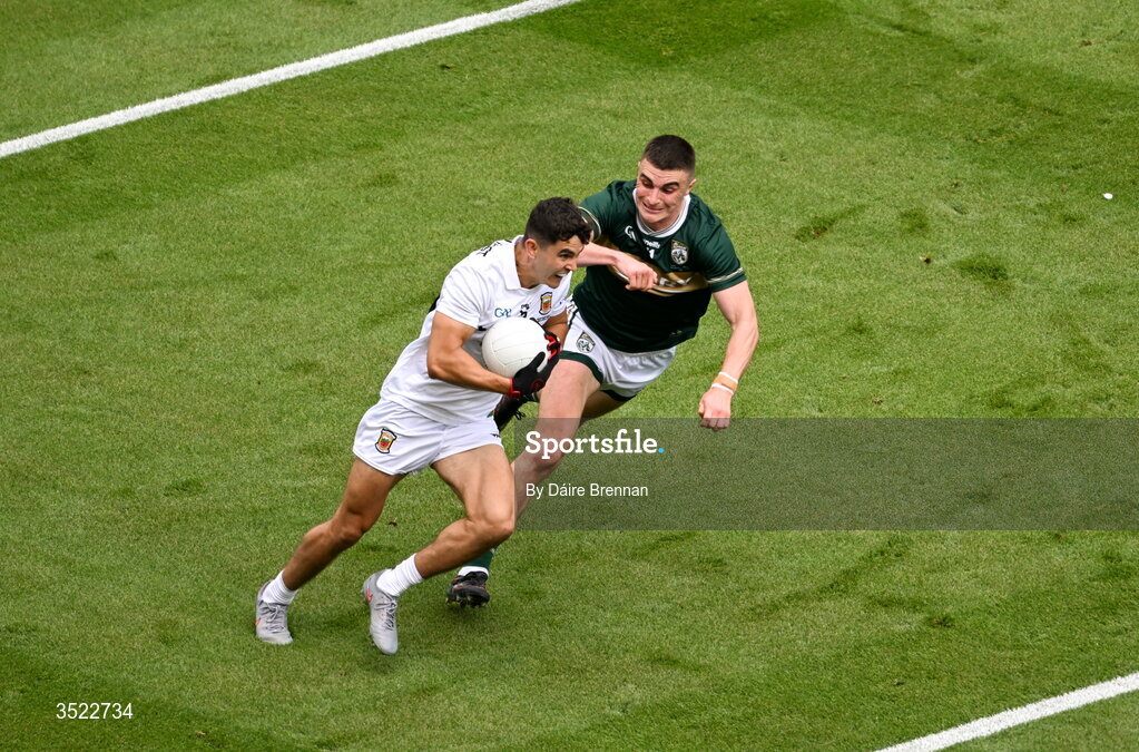 26 July 2026; Tommy Conroy of Mayo in action against Seán O'Shea of Kerry during the GAA Football All-Ireland Senior Championship final match between Kerry and Mayo at Croke Park in Dublin. Photo by Daire Brennan/Sportsfile
