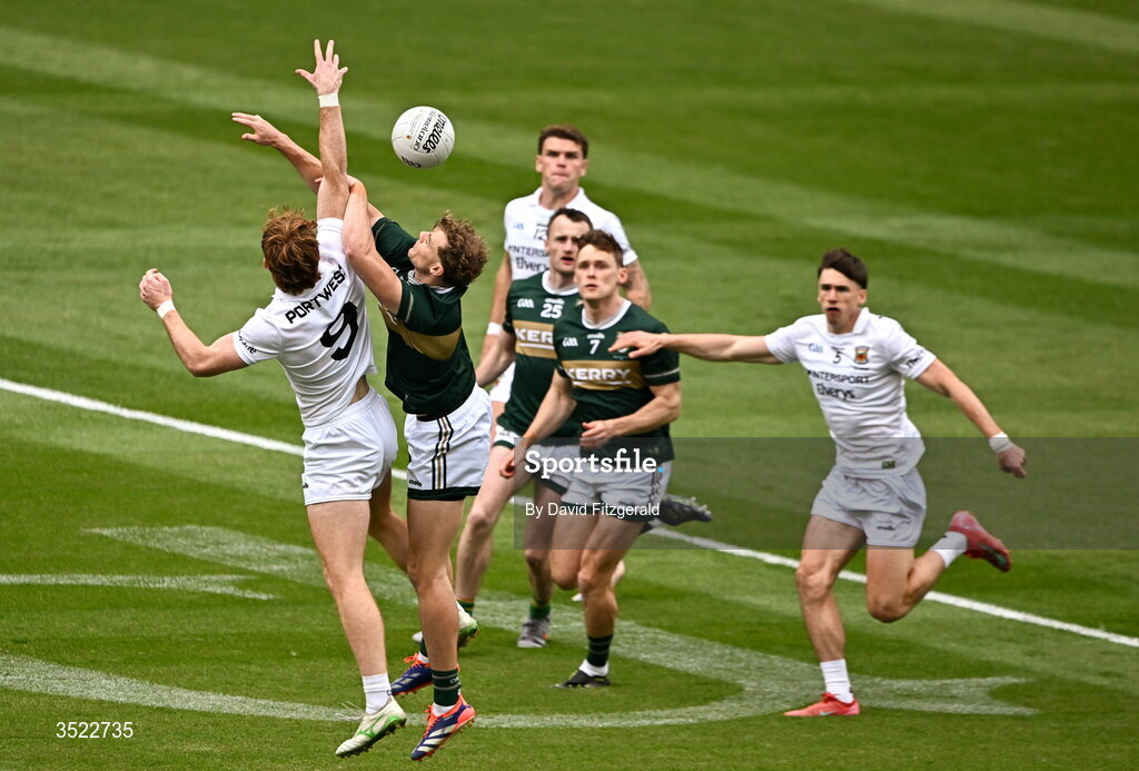 26 July 2026; Mark O'Shea of Kerry in action against Jack Carney of Mayo during the GAA Football All-Ireland Senior Championship final match between Kerry and Mayo at Croke Park in Dublin. Photo by David Fitzgerald/Sportsfile