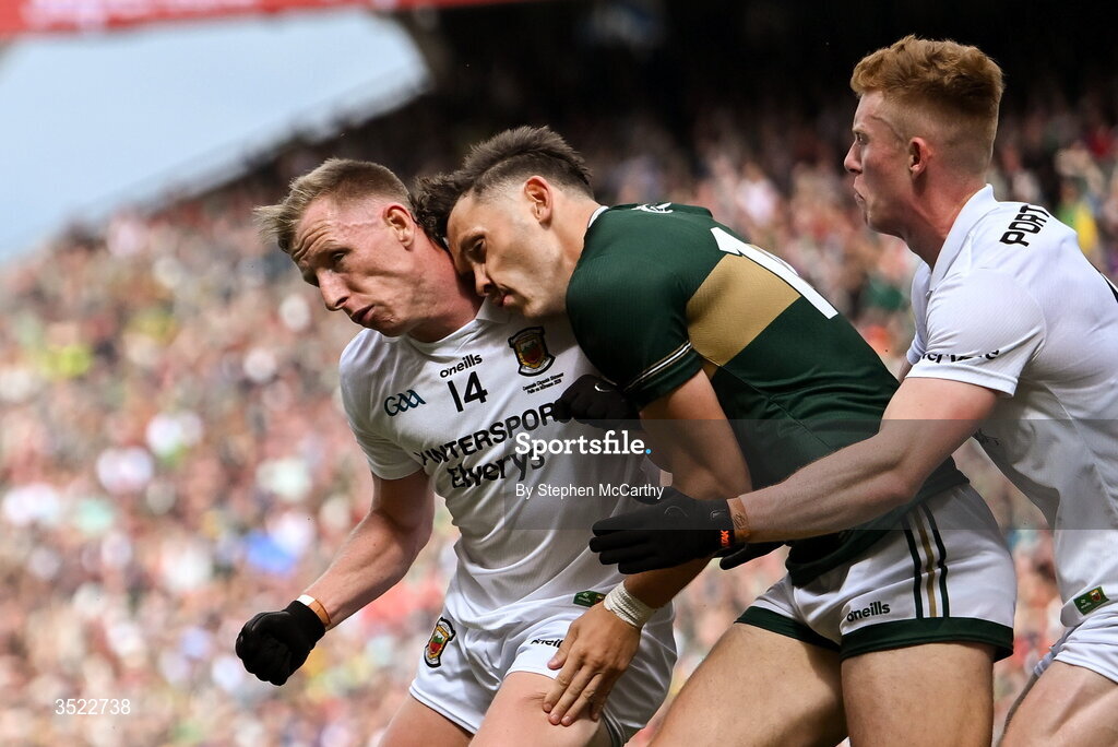 26 July 2026; David Clifford of Kerry gets a shoulder from Ryan O'Donoghue of Mayo during the GAA Football All-Ireland Senior Championship final match between Kerry and Mayo at Croke Park in Dublin. Photo by Stephen McCarthy/Sportsfile