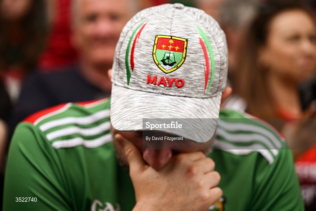 26 July 2026; A Mayo supporter reacts during the GAA Football All-Ireland Senior Championship final match between Kerry and Mayo at Croke Park in Dublin. Photo by David Fitzgerald/Sportsfile
