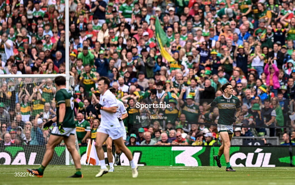 26 July 2026; David Clifford of Kerry celebrates after scoring his side's first goal during the GAA Football All-Ireland Senior Championship final match between Kerry and Mayo at Croke Park in Dublin. Photo by Ben McShane/Sportsfile