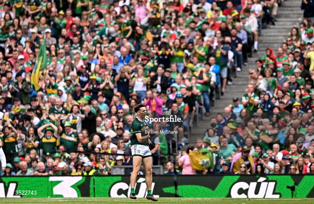26 July 2026; David Clifford of Kerry celebrates after scoring his side's first goal during the GAA Football All-Ireland Senior Championship final match between Kerry and Mayo at Croke Park in Dublin. Photo by Ben McShane/Sportsfile