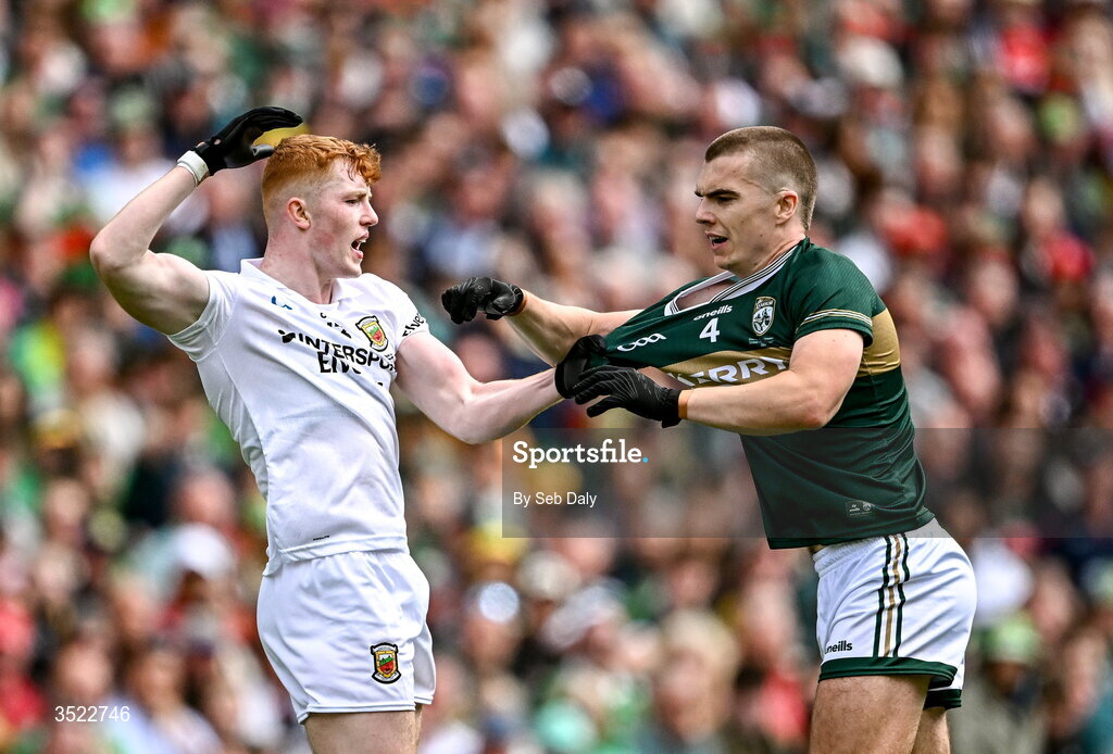 26 July 2026; Dylan Casey of Kerry and Darragh Beirne of Mayo during the GAA Football All-Ireland Senior Championship final match between Kerry and Mayo at Croke Park in Dublin. Photo by Seb Daly/Sportsfile