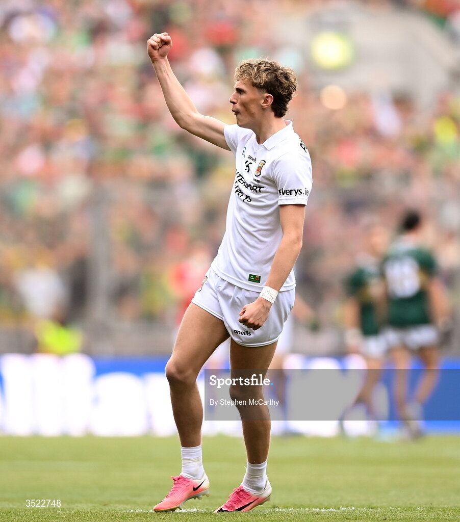 26 July 2026; Kobe McDonald of Mayo celebratres kicking a point during the GAA Football All-Ireland Senior Championship final match between Kerry and Mayo at Croke Park in Dublin. Photo by Stephen McCarthy/Sportsfile