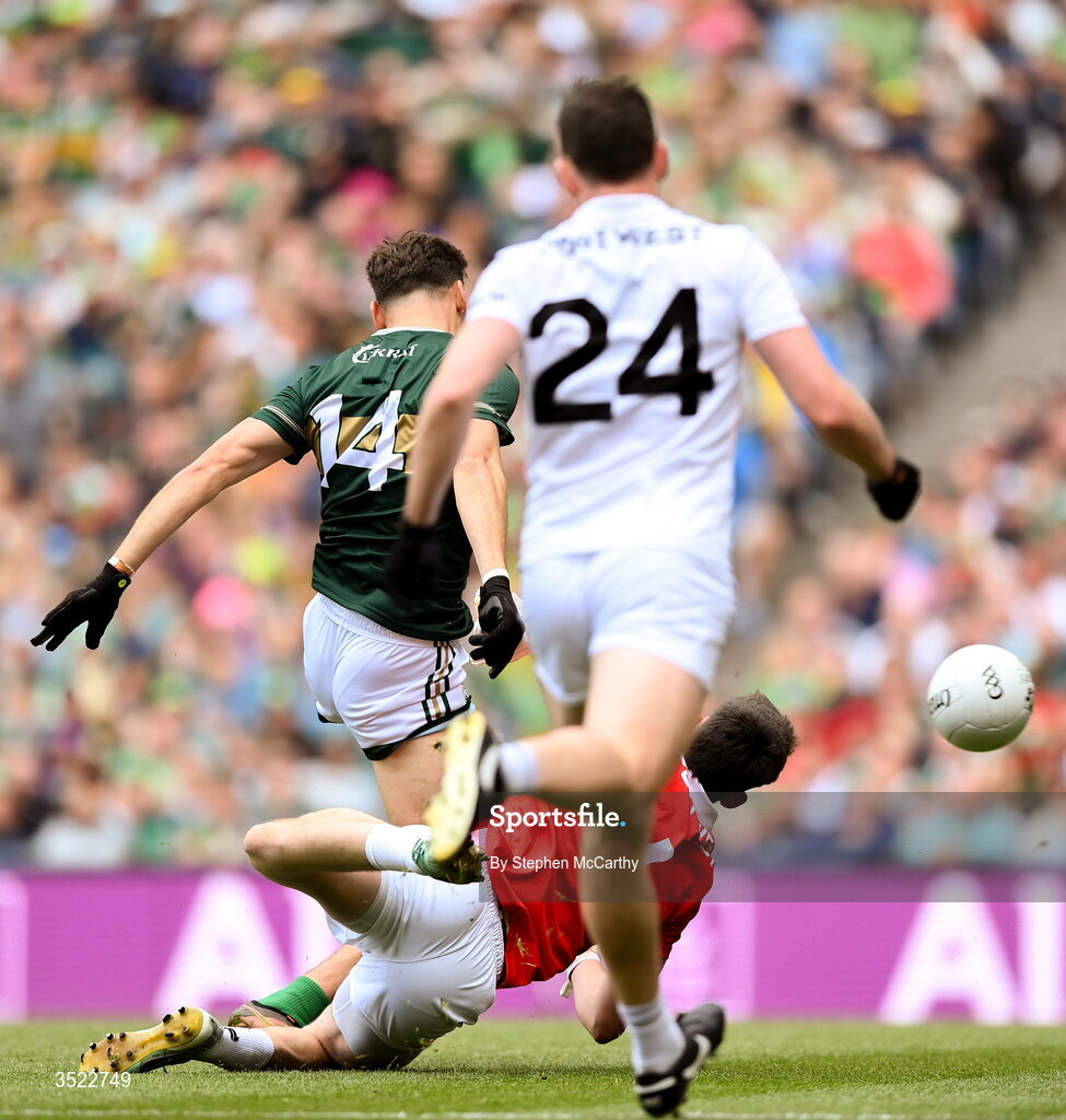 26 July 2026; David Clifford of Kerry shoots to score his side's first goal during the GAA Football All-Ireland Senior Championship final match between Kerry and Mayo at Croke Park in Dublin. Photo by Stephen McCarthy/Sportsfile