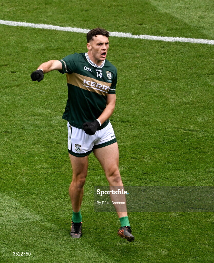 26 July 2026; David Clifford of Kerry celebrates after scoring his side's first goal during the GAA Football All-Ireland Senior Championship final match between Kerry and Mayo at Croke Park in Dublin. Photo by Dáire Brennan/Sportsfile