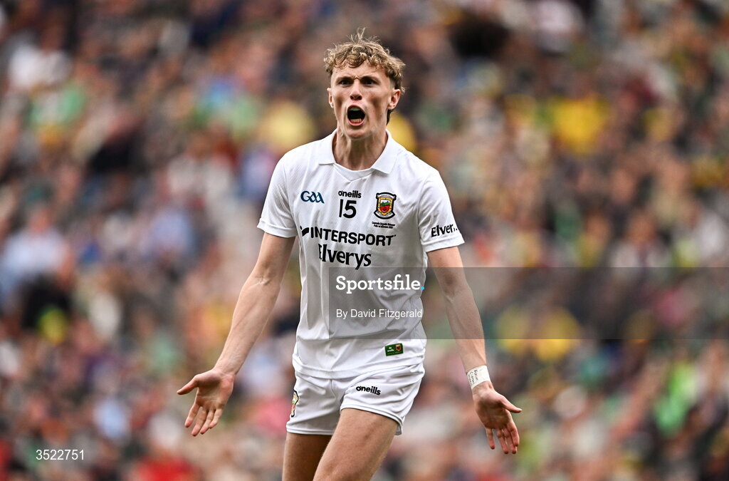 26 July 2026; Kobe McDonald of Mayo reacts during the GAA Football All-Ireland Senior Championship final match between Kerry and Mayo at Croke Park in Dublin. Photo by David Fitzgerald/Sportsfile