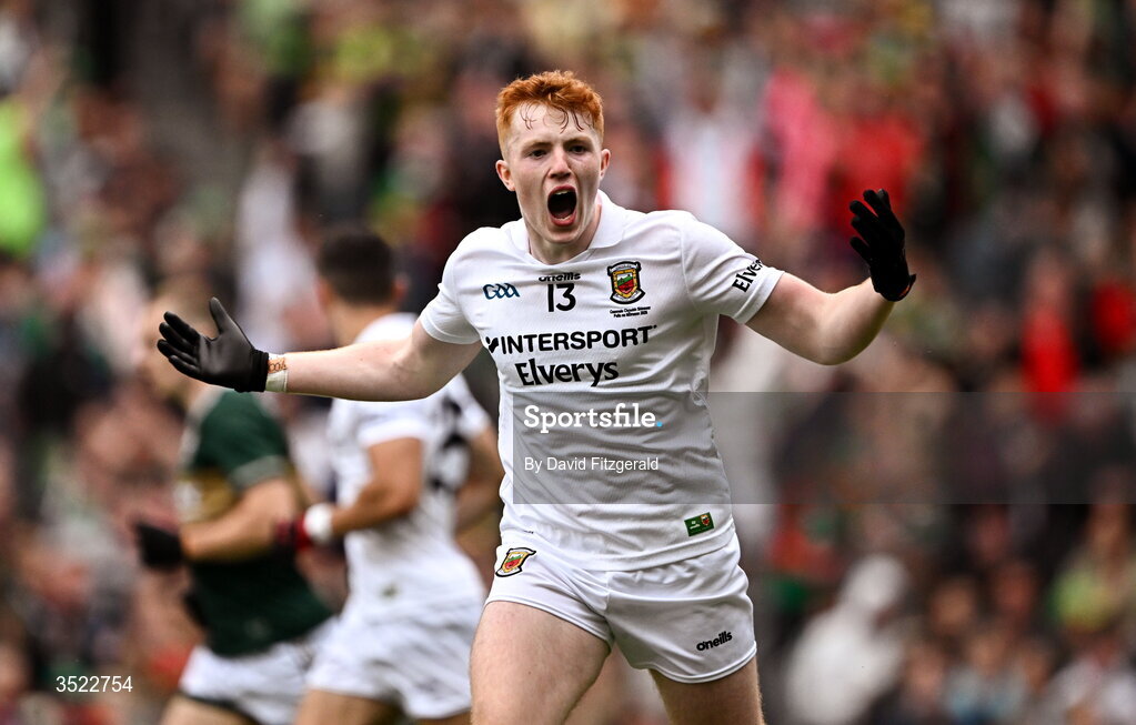 26 July 2026; Darragh Beirne of Mayo celebrates after scoring his side's first goal during the GAA Football All-Ireland Senior Championship final match between Kerry and Mayo at Croke Park in Dublin. Photo by David Fitzgerald/Sportsfile