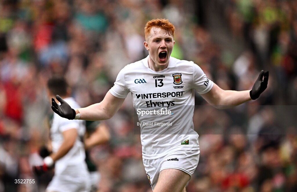 26 July 2026; Darragh Beirne of Mayo celebrates after scoring his side's first goal during the GAA Football All-Ireland Senior Championship final match between Kerry and Mayo at Croke Park in Dublin. Photo by David Fitzgerald/Sportsfile