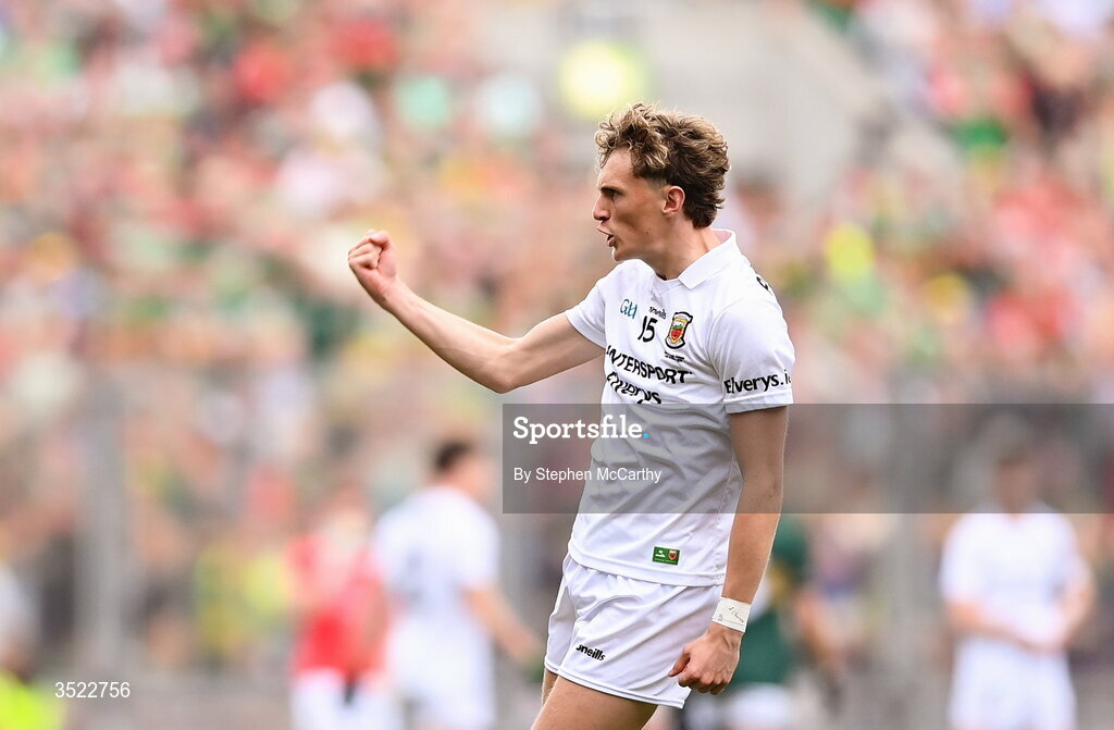 26 July 2026; Kobe McDonald of Mayo celebratres kicking a point during the GAA Football All-Ireland Senior Championship final match between Kerry and Mayo at Croke Park in Dublin. Photo by Stephen McCarthy/Sportsfile