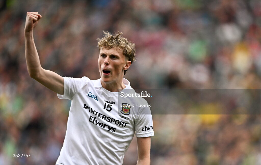 26 July 2026; Kobe McDonald of Mayo celebrates kicking a point during the GAA Football All-Ireland Senior Championship final match between Kerry and Mayo at Croke Park in Dublin. Photo by David Fitzgerald/Sportsfile
