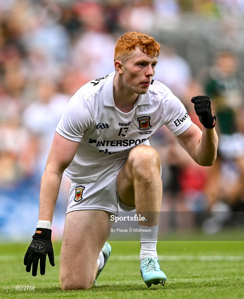 26 July 2026; Darragh Beirne of Mayo celebrates scoring a point during the GAA Football All-Ireland Senior Championship final match between Kerry and Mayo at Croke Park in Dublin. Photo by Piaras Ó Mídheach/Sportsfile