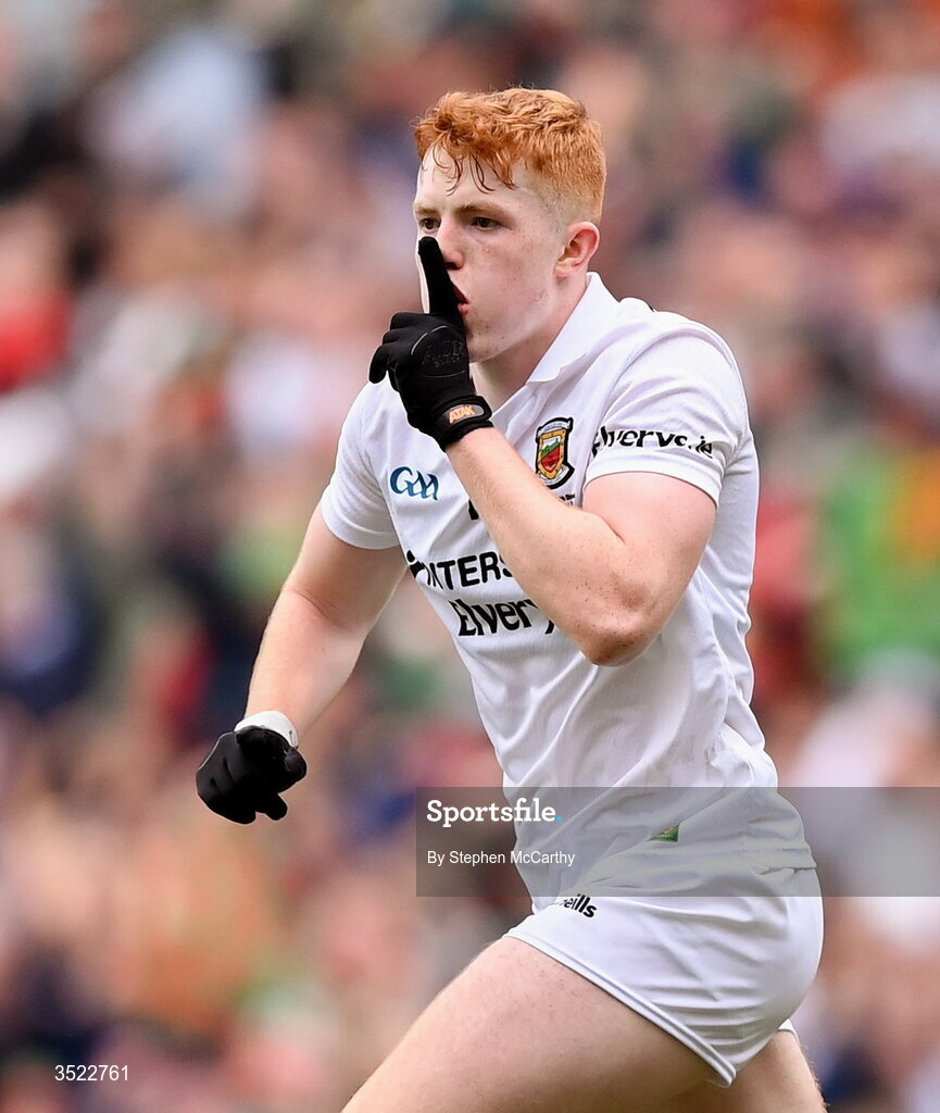 26 July 2026; Darragh Beirne of Mayo celebrates after scoring his side's first goal during the GAA Football All-Ireland Senior Championship final match between Kerry and Mayo at Croke Park in Dublin. Photo by Stephen McCarthy/Sportsfile