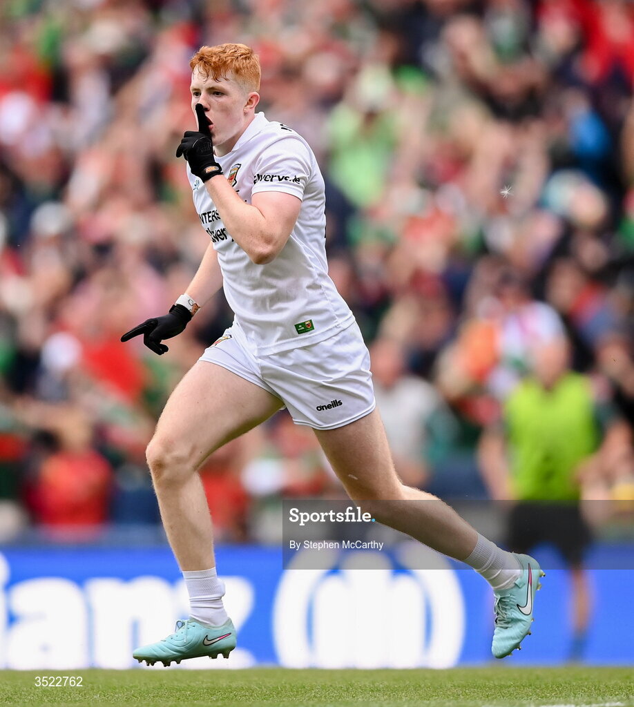 26 July 2026; Darragh Beirne of Mayo celebrates after scoring his side's first goal during the GAA Football All-Ireland Senior Championship final match between Kerry and Mayo at Croke Park in Dublin. Photo by Stephen McCarthy/Sportsfile