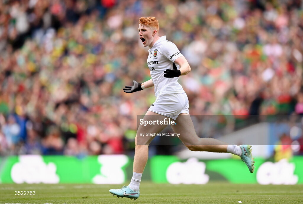26 July 2026; Darragh Beirne of Mayo celebrates after scoring his side's first goal during the GAA Football All-Ireland Senior Championship final match between Kerry and Mayo at Croke Park in Dublin. Photo by Stephen McCarthy/Sportsfile
