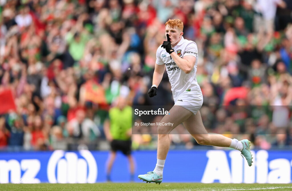 26 July 2026; Darragh Beirne of Mayo celebrates after scoring his side's first goal during the GAA Football All-Ireland Senior Championship final match between Kerry and Mayo at Croke Park in Dublin. Photo by Stephen McCarthy/Sportsfile