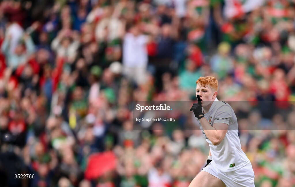 26 July 2026; Darragh Beirne of Mayo celebrates after scoring his side's first goal during the GAA Football All-Ireland Senior Championship final match between Kerry and Mayo at Croke Park in Dublin. Photo by Stephen McCarthy/Sportsfile