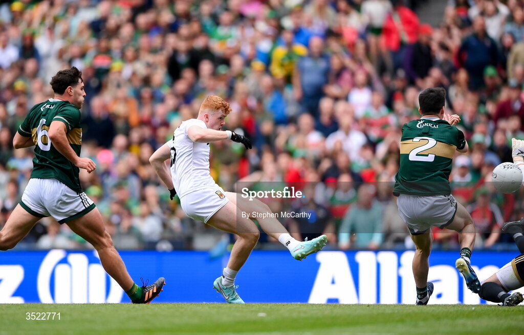 26 July 2026; Darragh Beirne of Mayo shoots to score his side's first goal during the GAA Football All-Ireland Senior Championship final match between Kerry and Mayo at Croke Park in Dublin. Photo by Stephen McCarthy/Sportsfile