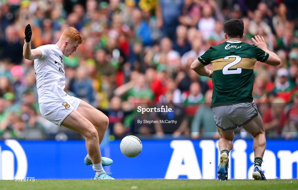 26 July 2026; Darragh Beirne of Mayo shoots to score his side's first goal during the GAA Football All-Ireland Senior Championship final match between Kerry and Mayo at Croke Park in Dublin. Photo by Stephen McCarthy/Sportsfile