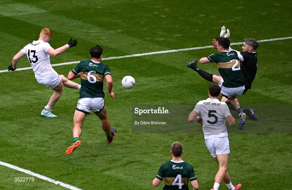 26 July 2026; Darragh Beirne of Mayo shoots to score his side's first goal during the GAA Football All-Ireland Senior Championship final match between Kerry and Mayo at Croke Park in Dublin. Photo by Dáire Brennan/Sportsfile