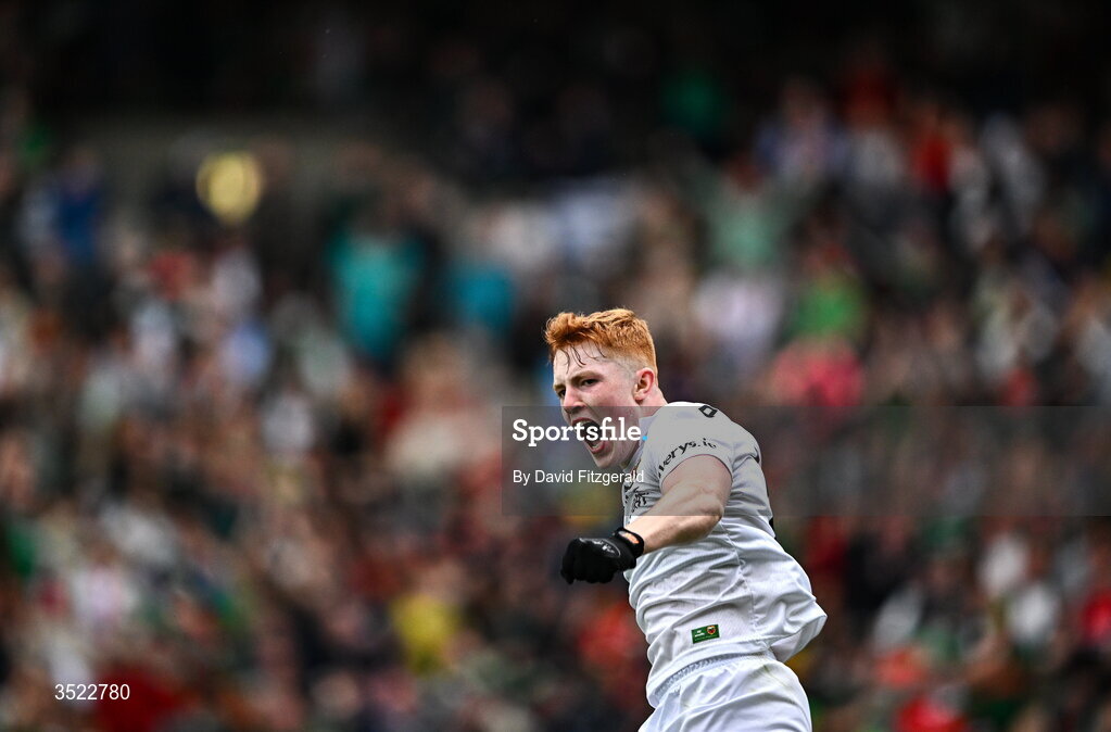 26 July 2026; Darragh Beirne of Mayo celebrates after scoring his side's first goal during the GAA Football All-Ireland Senior Championship final match between Kerry and Mayo at Croke Park in Dublin. Photo by David Fitzgerald/Sportsfile