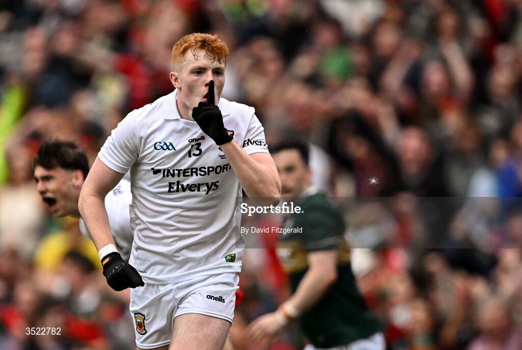 26 July 2026; Darragh Beirne of Mayo celebrates after scoring his side's first goal during the GAA Football All-Ireland Senior Championship final match between Kerry and Mayo at Croke Park in Dublin. Photo by David Fitzgerald/Sportsfile