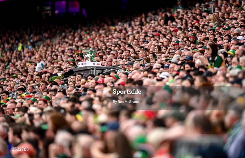 26 July 2026; The Sam Maguire Cup is seen during the GAA Football All-Ireland Senior Championship final match between Kerry and Mayo at Croke Park in Dublin. Photo by Ben McShane/Sportsfile
