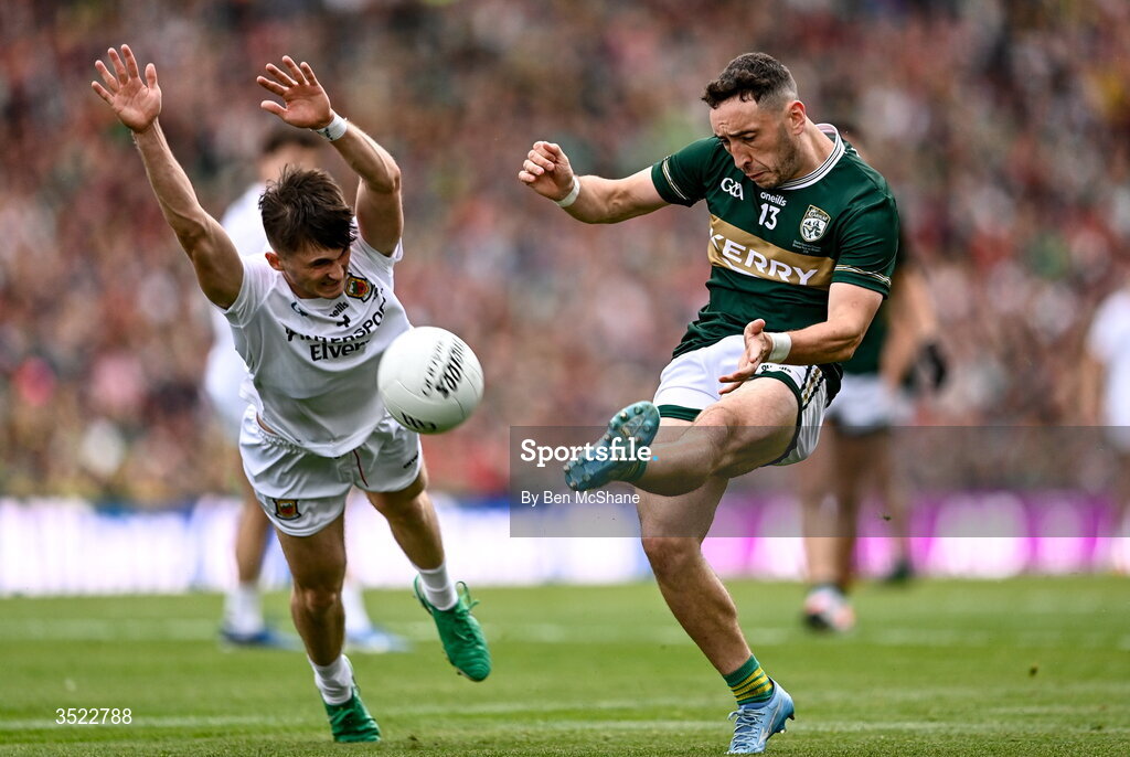 26 July 2026; Paudie Clifford of Kerry in action against Eoin McGreal of Mayo during the GAA Football All-Ireland Senior Championship final match between Kerry and Mayo at Croke Park in Dublin. Photo by Ben McShane/Sportsfile
