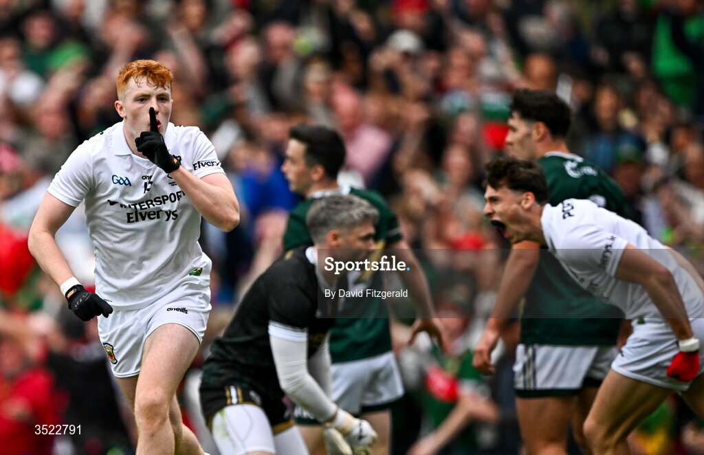 26 July 2026; Darragh Beirne of Mayo celebrates after scoring his side's first goal during the GAA Football All-Ireland Senior Championship final match between Kerry and Mayo at Croke Park in Dublin. Photo by David Fitzgerald/Sportsfile