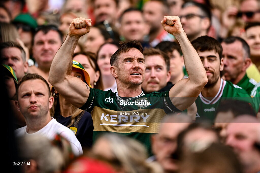 26 July 2026; Kerry supporters celebrate a score during the GAA Football All-Ireland Senior Championship final match between Kerry and Mayo at Croke Park in Dublin. Photo by Ben McShane/Sportsfile