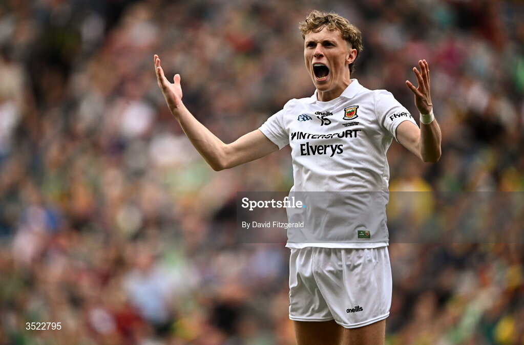 26 July 2026; Kobe McDonald of Mayo reacts during the GAA Football All-Ireland Senior Championship final match between Kerry and Mayo at Croke Park in Dublin. Photo by David Fitzgerald/Sportsfile