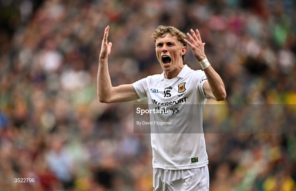 26 July 2026; Kobe McDonald of Mayo reacts during the GAA Football All-Ireland Senior Championship final match between Kerry and Mayo at Croke Park in Dublin. Photo by David Fitzgerald/Sportsfile