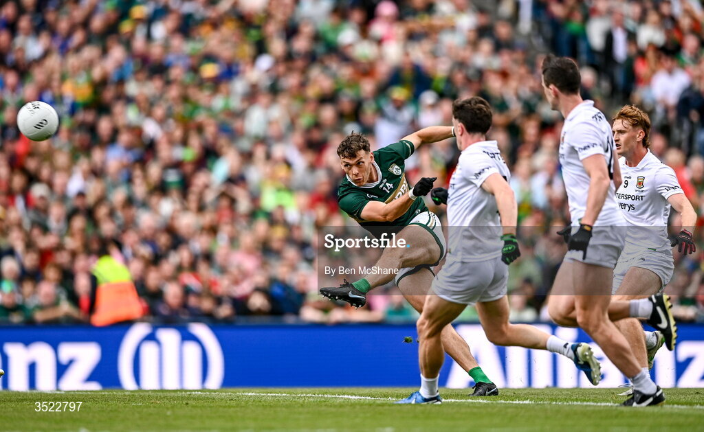26 July 2026; David Clifford of Kerry kicks a score during the GAA Football All-Ireland Senior Championship final match between Kerry and Mayo at Croke Park in Dublin. Photo by Ben McShane/Sportsfile