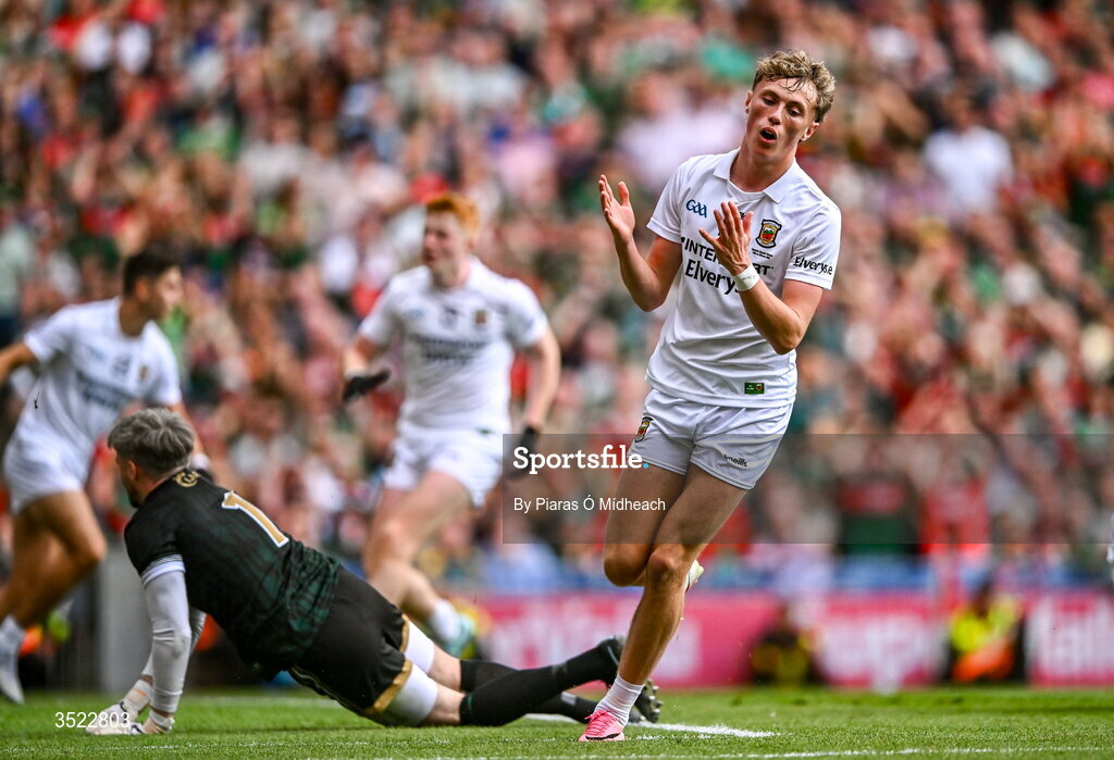 26 July 2026; Kobe McDonald of Mayo reacts after Kerry goalkeeper Shane Murphy saves a shot on goal during the GAA Football All-Ireland Senior Championship final match between Kerry and Mayo at Croke Park in Dublin. Photo by Piaras Ó Mídheach/Sportsfile