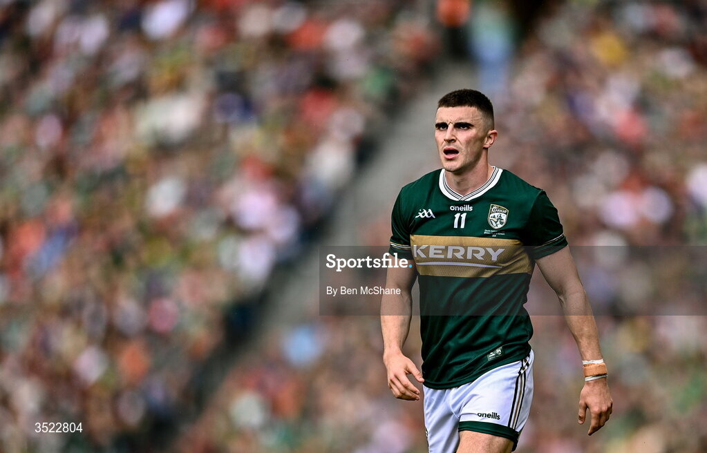 26 July 2026; Seán O'Shea of Kerry during the GAA Football All-Ireland Senior Championship final match between Kerry and Mayo at Croke Park in Dublin. Photo by Ben McShane/Sportsfile