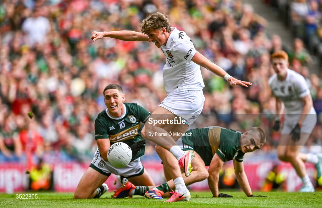 26 July 2026; Kobe McDonald of Mayo has a shot on goal during the GAA Football All-Ireland Senior Championship final match between Kerry and Mayo at Croke Park in Dublin. Photo by Piaras Ó Mídheach/Sportsfile