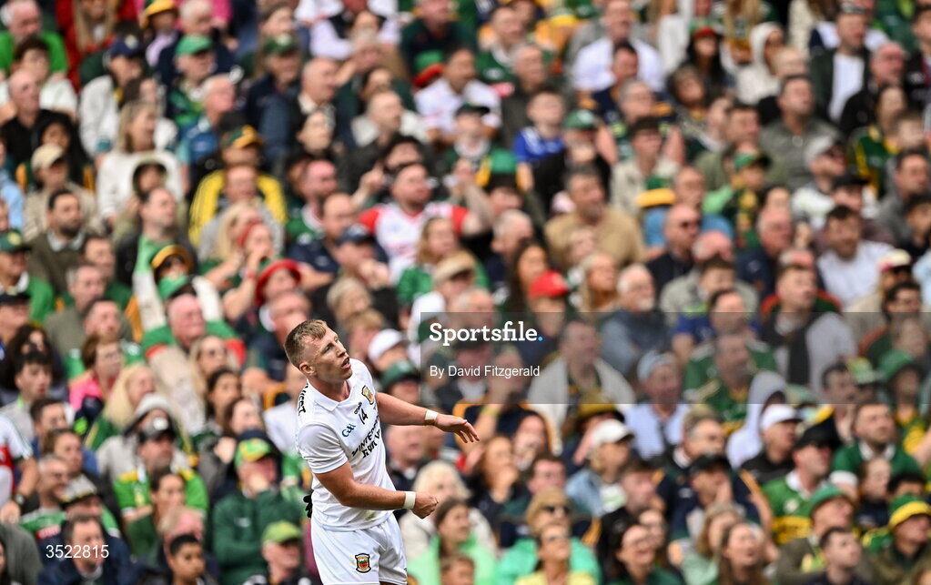 26 July 2026; Ryan O'Donoghue of Mayo watches his shot go wide during the GAA Football All-Ireland Senior Championship final match between Kerry and Mayo at Croke Park in Dublin. Photo by David Fitzgerald/Sportsfile