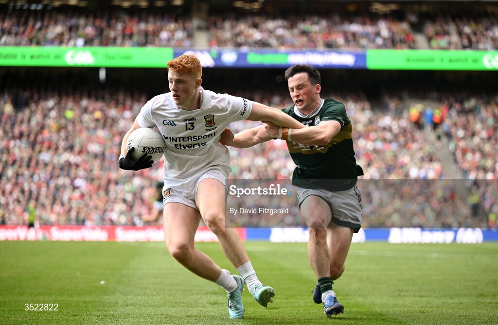 26 July 2026; Darragh Beirne of Mayo in action against Paul Murphy of Kerry during the GAA Football All-Ireland Senior Championship final match between Kerry and Mayo at Croke Park in Dublin. Photo by David Fitzgerald/Sportsfile