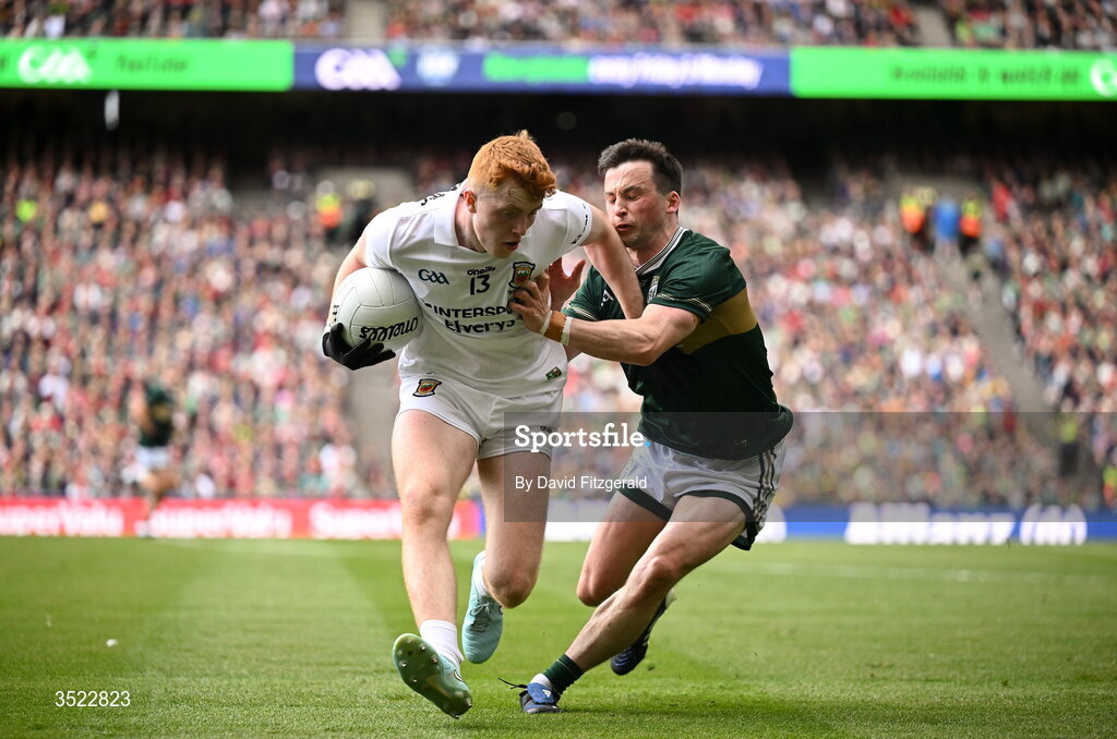 26 July 2026; Darragh Beirne of Mayo in action against Paul Murphy of Kerry during the GAA Football All-Ireland Senior Championship final match between Kerry and Mayo at Croke Park in Dublin. Photo by David Fitzgerald/Sportsfile