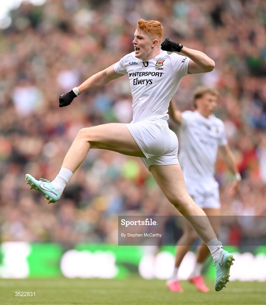 26 July 2026; Darragh Beirne of Mayo celebrates after scoring his side's first goal during the GAA Football All-Ireland Senior Championship final match between Kerry and Mayo at Croke Park in Dublin. Photo by Stephen McCarthy/Sportsfile