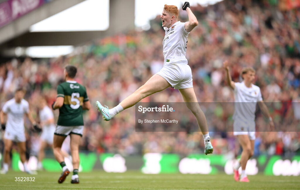 26 July 2026; Darragh Beirne of Mayo celebrates after scoring his side's first goal during the GAA Football All-Ireland Senior Championship final match between Kerry and Mayo at Croke Park in Dublin. Photo by Stephen McCarthy/Sportsfile