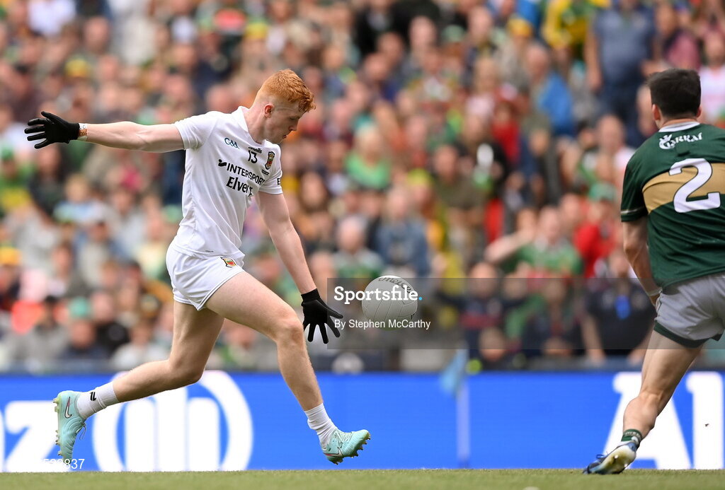 26 July 2026; Darragh Beirne of Mayo shoots to score his side's first goal during the GAA Football All-Ireland Senior Championship final match between Kerry and Mayo at Croke Park in Dublin. Photo by Stephen McCarthy/Sportsfile