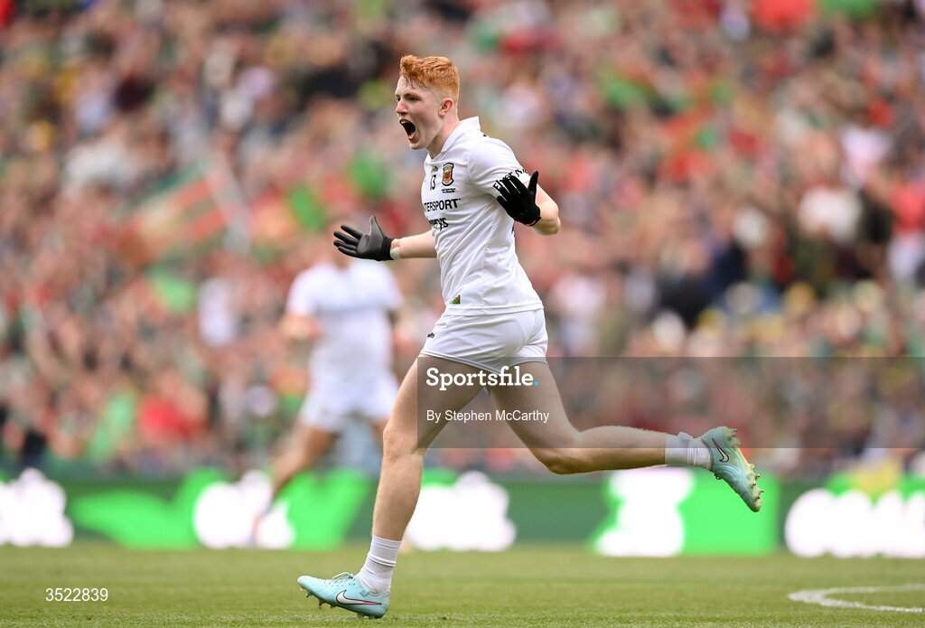 26 July 2026; Darragh Beirne of Mayo celebrates after scoring his side's first goal during the GAA Football All-Ireland Senior Championship final match between Kerry and Mayo at Croke Park in Dublin. Photo by Stephen McCarthy/Sportsfile