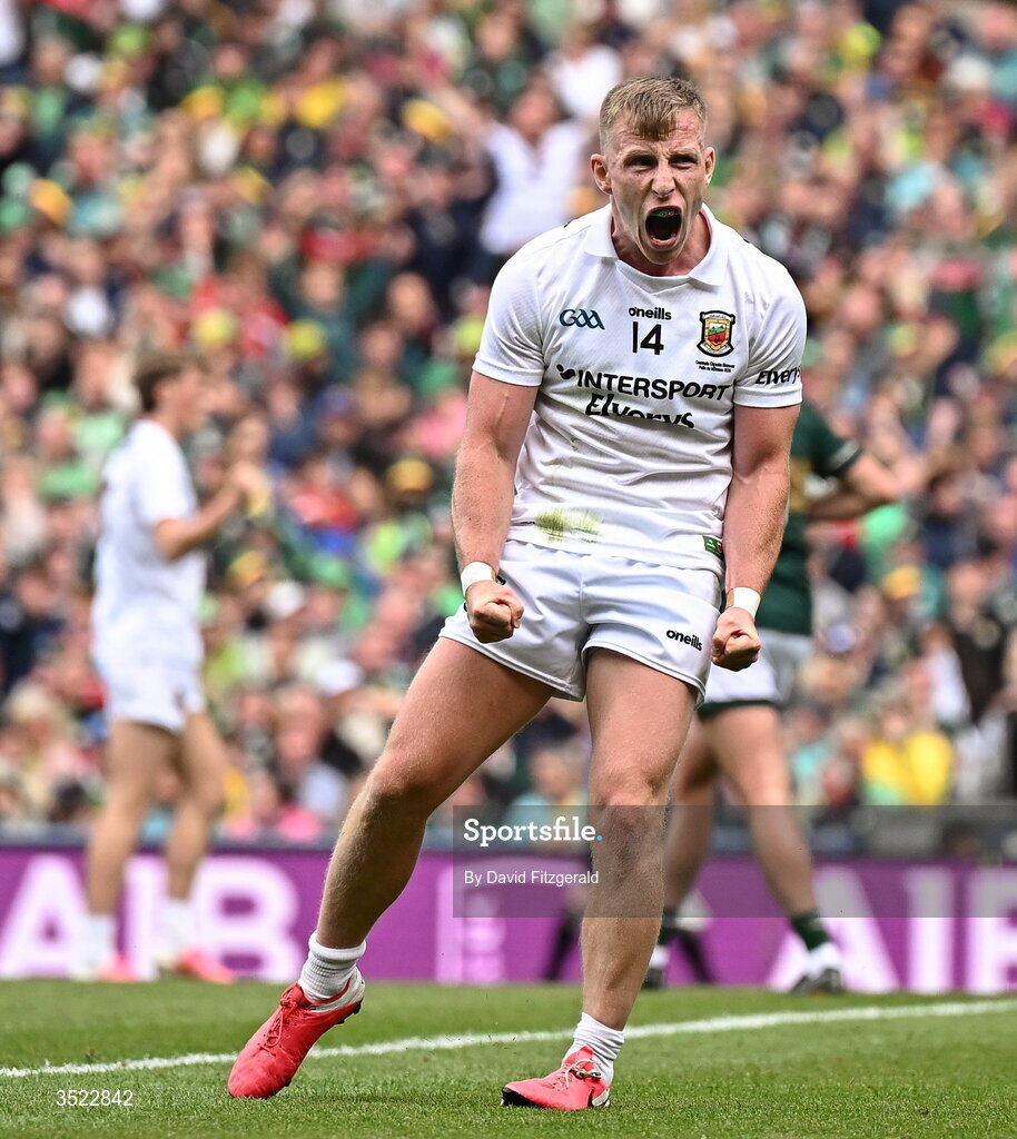 26 July 2026; Ryan O'Donoghue of Mayo celebrates a score during the GAA Football All-Ireland Senior Championship final match between Kerry and Mayo at Croke Park in Dublin. Photo by David Fitzgerald/Sportsfile