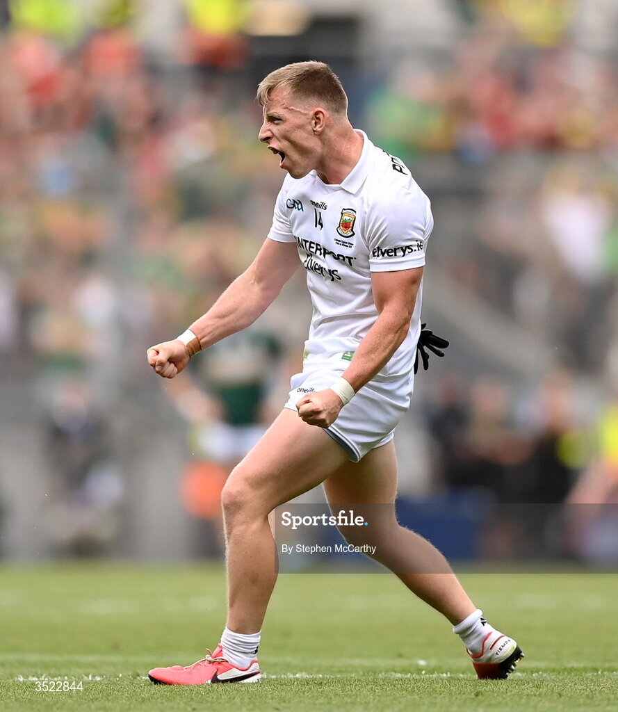 26 July 2026; Ryan O'Donoghue of Mayo celebrates a score during the GAA Football All-Ireland Senior Championship final match between Kerry and Mayo at Croke Park in Dublin. Photo by Stephen McCarthy/Sportsfile