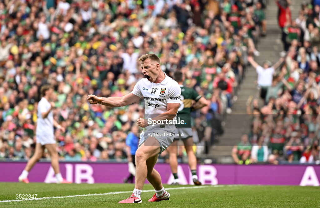 26 July 2026; Ryan O'Donoghue of Mayo celebrates a score during the GAA Football All-Ireland Senior Championship final match between Kerry and Mayo at Croke Park in Dublin. Photo by David Fitzgerald/Sportsfile