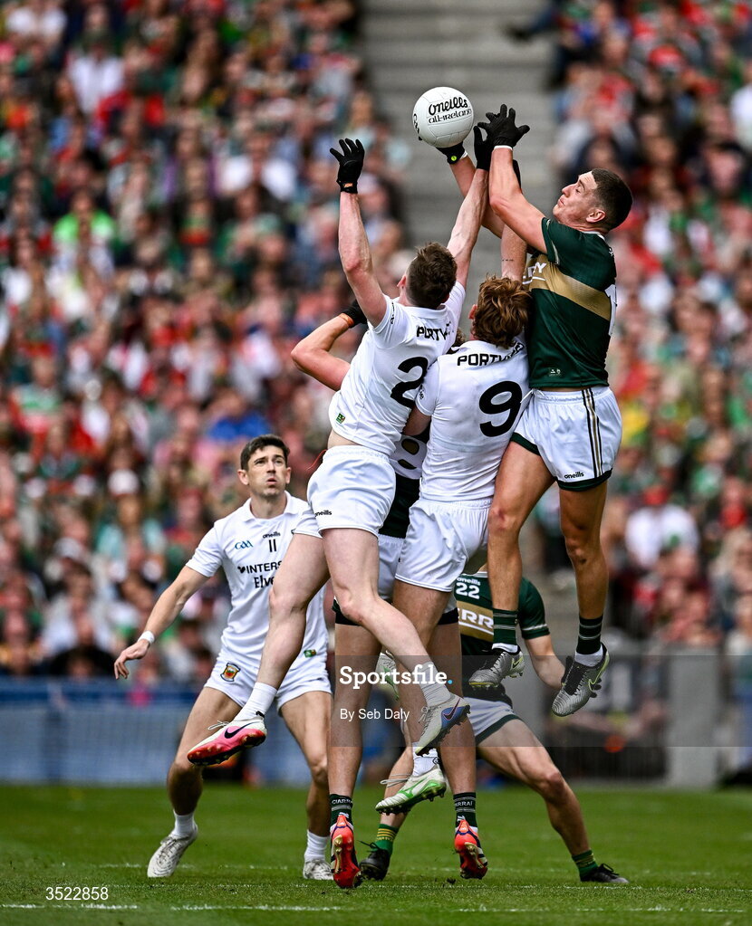 26 July 2026; Joe O'Connor of Kerry in action against Mayo players Jack Coyne, left, and Jack Carney during the GAA Football All-Ireland Senior Championship final match between Kerry and Mayo at Croke Park in Dublin. Photo by Seb Daly/Sportsfile
